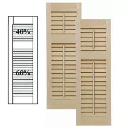 Traditional Wood Open Louver Shutters w/ Offset Top Mullion w/ Faux Tilt Rod