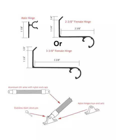 Bahama Hardware Kit, 2 3/8" or 3 3/8" Female Hinge, Tilt Arms, Clevis Pins, and Nylon Hinges