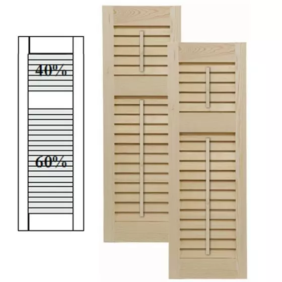 Traditional Wood Open Louver Shutters w/ Offset Top Mullion w/ Faux Tilt Rod