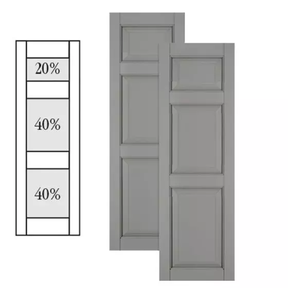 Traditional Composite Raised Panel Shutters w/ Offset Top Double Mullion, Installation Brackets Included