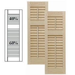 Traditional Wood Open Louver Shutters w/ Offset Top Mullion w/ Faux Tilt Rod
