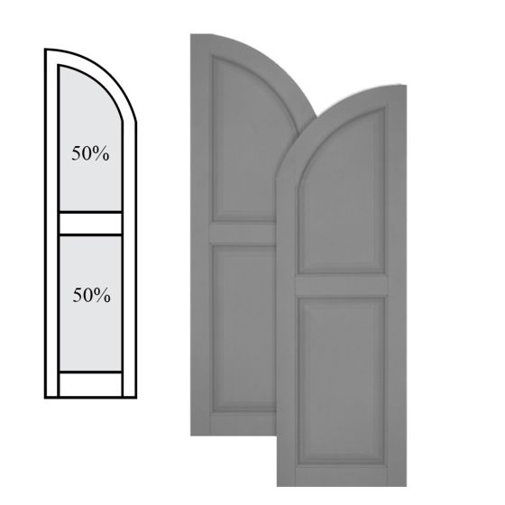 Traditional Composite Raised Panel Shutters w/ Center Mullion Arch Top, Installation Brackets Included