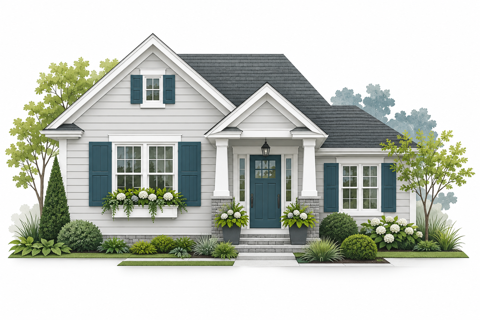 Illustrated exterior with shutters, window trim and planters